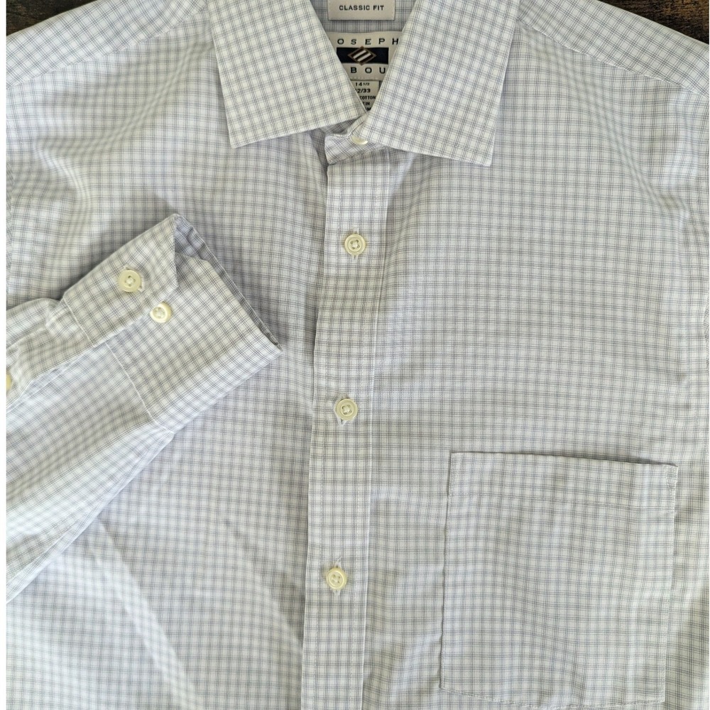 Joseph Abboud Button Up Shirt Gray Grid Plaid Non-Iron Sz 14.5 32/33 Minimalist